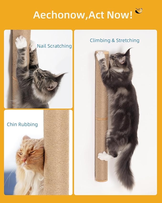 2-Pcs 34'' Wall Mounted Cat Scratcher for Large Cats, Tall Scratching Posts, Corner Cat Climbing Pole for Indoor Cats Climb Stretch Play, Wooden