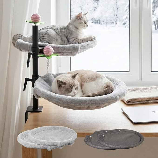 Double Cat Desk Bed, 360° Rotating & Adjustable Desk Mount with Soft Faux Fur & Breathable Mesh Accessories, Ergonomic Cat Perch for Remote Workers,Gamers, and Office Staff - Supports up to 44 lbs