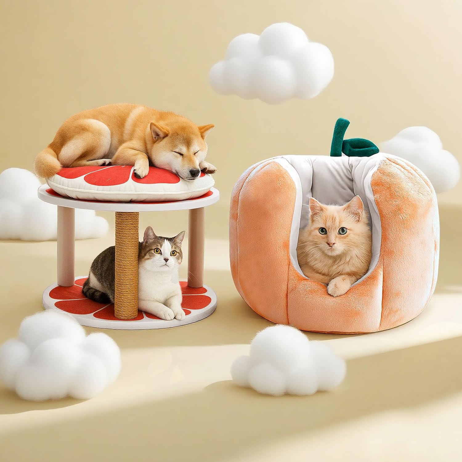 Cat Houses for Indoor Cats, Small Cat Tree with Sisal Ropes and Plush Perch, Cute Cat Bed Cave with Soft Pillow, Grapefruit Design - Pet Explorer