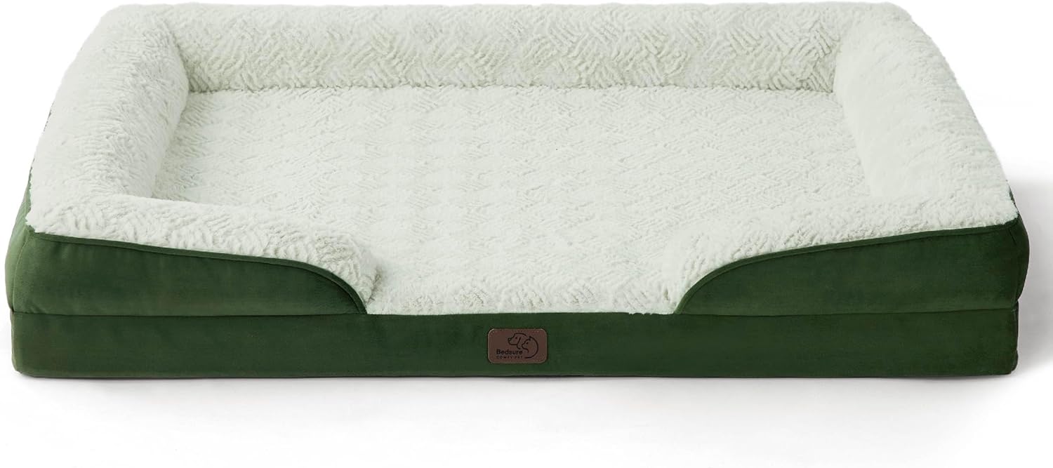 Bedsure Orthopedic Dog Beds Large Sized Dog - Washable Large Dog Cat Bed Waterproof, Comfort Dogs Couch Sofa with Washable Removable Cover, Pet Bed with Nonskid Bottom, Plush-Green, 35" - Pet Explorer