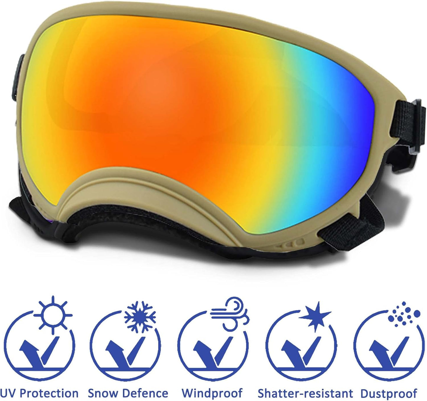 Large Dog Sunglasses with Adjustable Strap UV Protection, Winproof Puppy Sunglasses, Suitable for Medium-Large Pet Glasses, Dogs Eyes Soft Goggles, Khaki Colours - Pet Explorer
