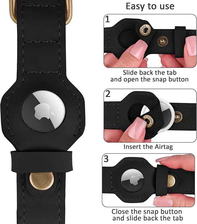 AirTag Dog Collar - Genuine Leather Dog Collar with Apple AirTag Holder and Metal Buckle - Smart GPS Tracking Pet Collars (Smoky Blue, S, 12"-15" Neck Fit) (Black, XS, 9"-12" Neck Fit)
