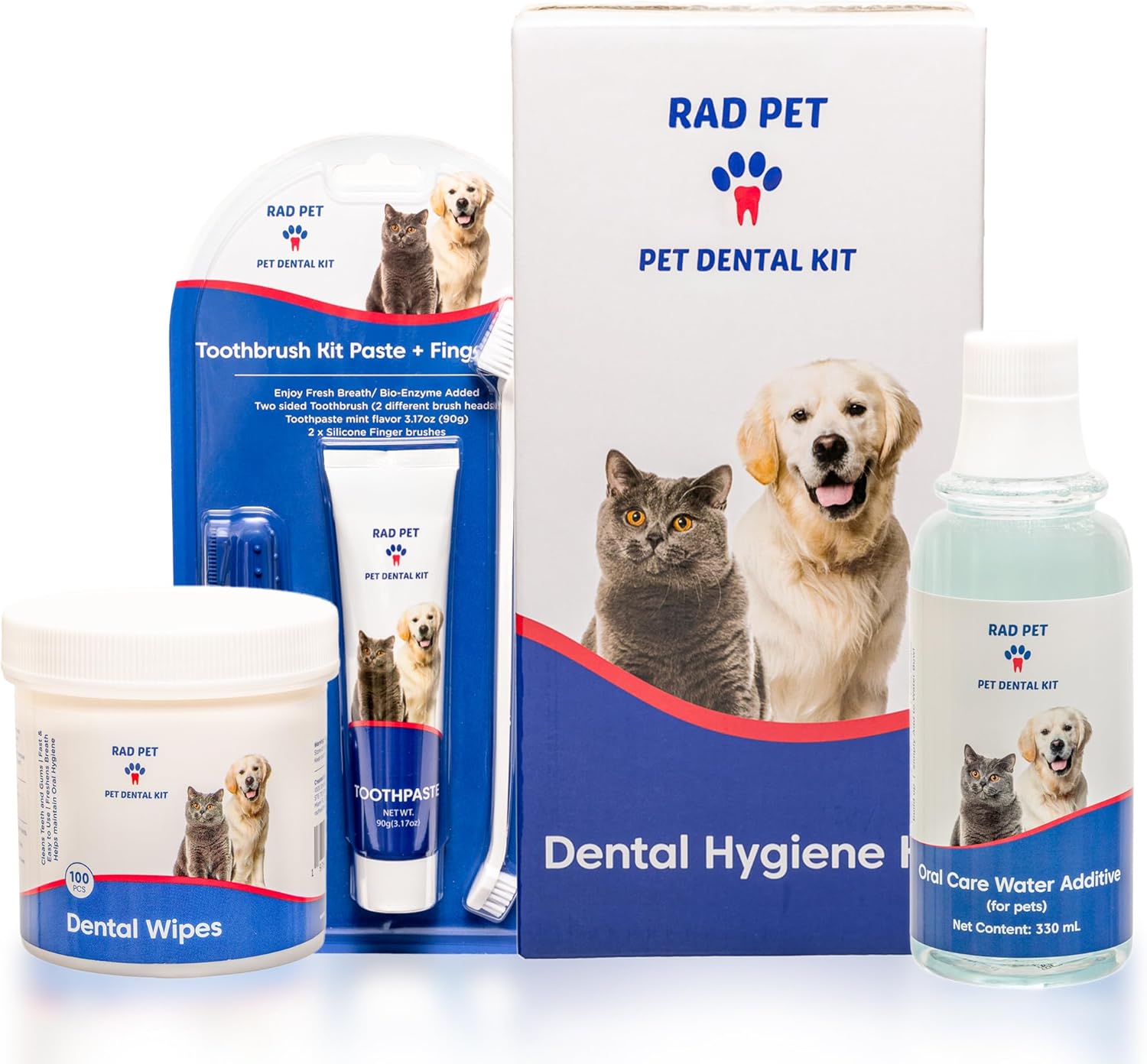 RAD PET - Advanced Pet Dental Hygiene Kit, Vet-Formulated Cat & Dog Tooth Brushing Kit, Complete Oral Care with Cat/Dog Toothbrush and Toothpaste (Enzymatic), Pet Dental Wipes & Water Additive - Pet Explorer