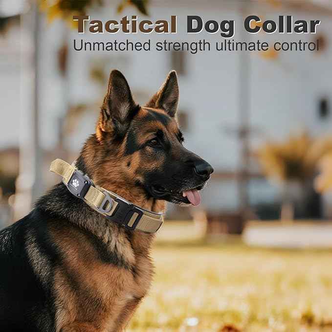 2026 Upgrade Dog Collar with IPX8 Waterproof AirTag Holder,Military Tactical Comfortable Control Handle and Ultra-Durable Metal Buckle/Night Reflective,GPS Collar for Medium to Large Dogs（Khaki/M）