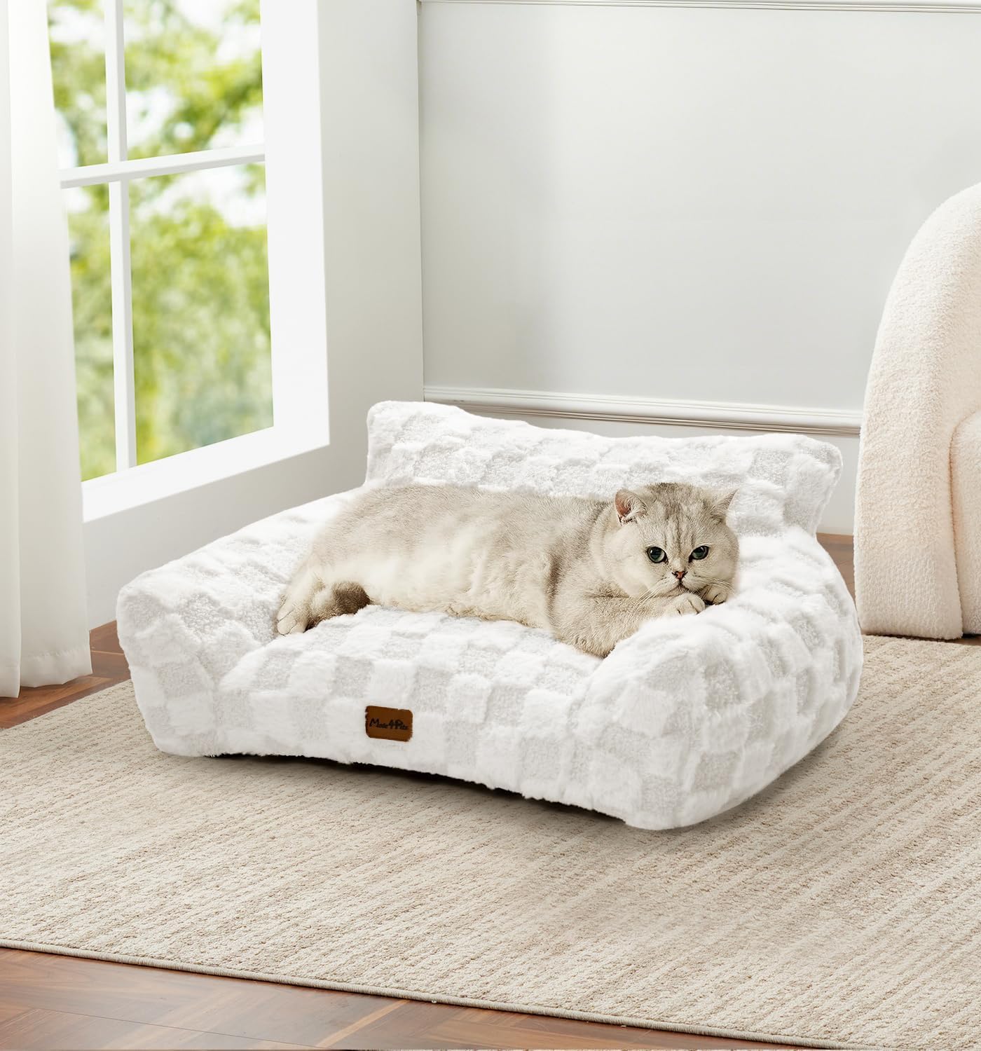 Made4Pets Cat and Dog Couch Bed, Soft Faux Fur Checkered Pet Sofa, Cozy Fluffy Pet Sofa with Supportive Foam, Removable Washable Cover with Non-Slip Base, White, Medium - Pet Explorer