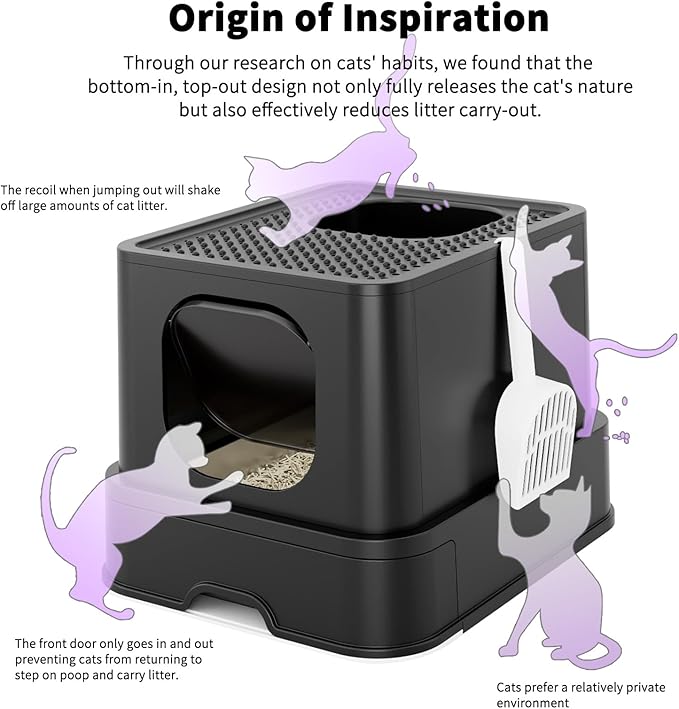 RIZZARI Stainless Steel Litter Box: Spacious Enclosed Design with Easy-Clean Drawer - Dual Entry with Top Exit and Door - Black Leak-Proof & Odor-Free Tray for Cats in Garage Basement