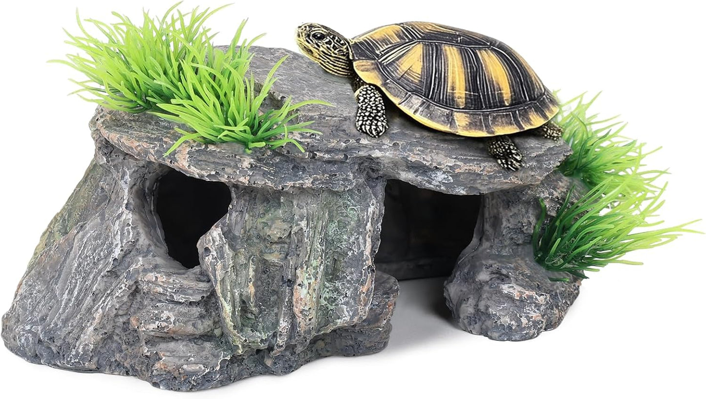 Premium Small Fish Tank Decorations, Reptile Tank Accessories, Turtle Tank Accessories, Natural Reptile Hide for Bearded Dragon, Professional Turtle Basking Platform (Small) - Pet Explorer