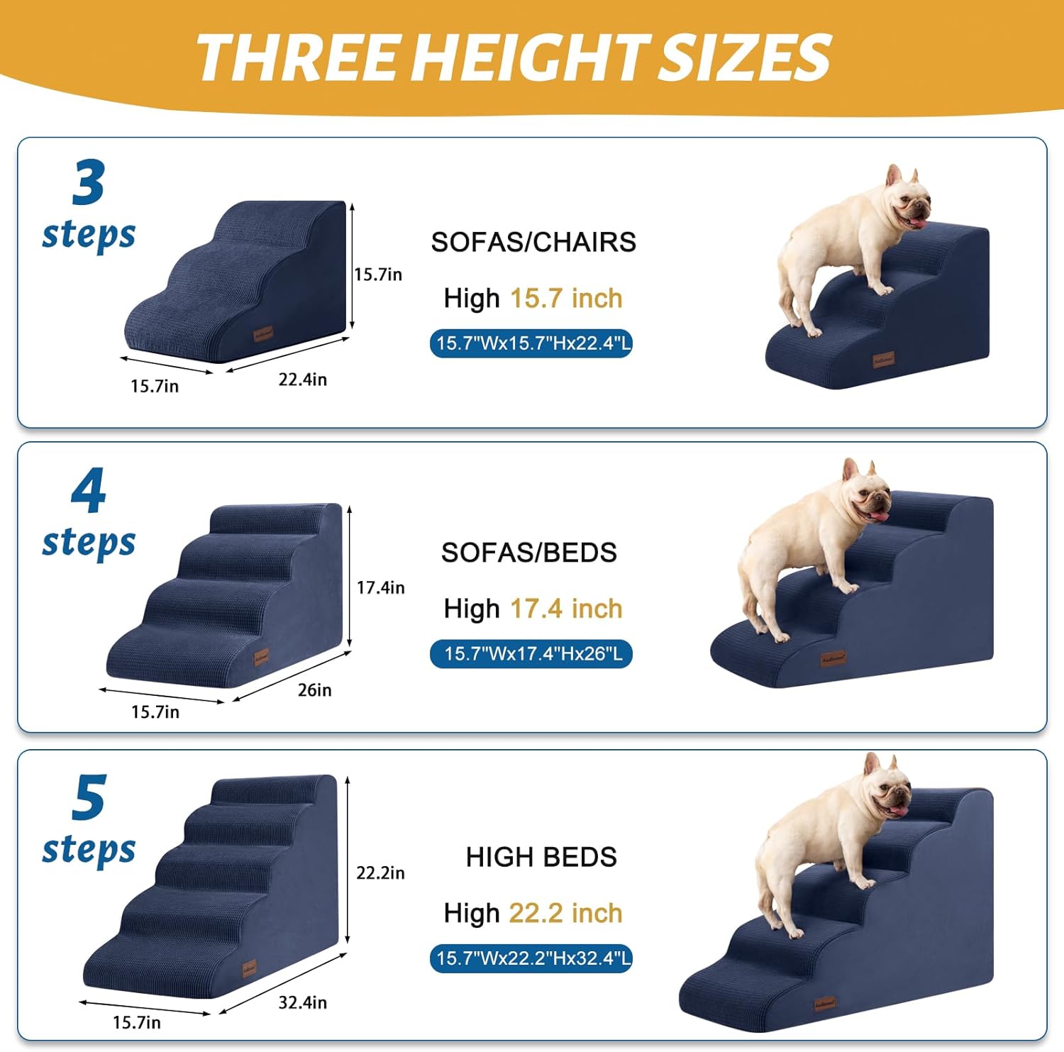 4-Step Dog Stairs and Ramp for Beds or Couches,Non-Slip Sturdy Pet Steps for Small Dogs and Cats,17.4" H,Blue - Pet Explorer