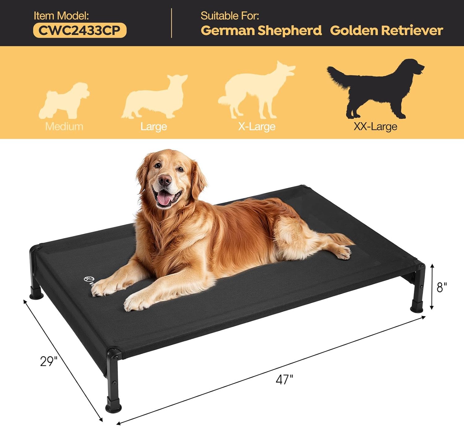 Veehoo Cooling Outdoor Dog Bed, Heavy Duty Elevated Pet Bed with Washable & Breathable Teslin Mesh, Non-Slip Silicon Feet, Dog Cot Bed with Support Hem, 47" x 29", Black, CWC2433 - Pet Explorer