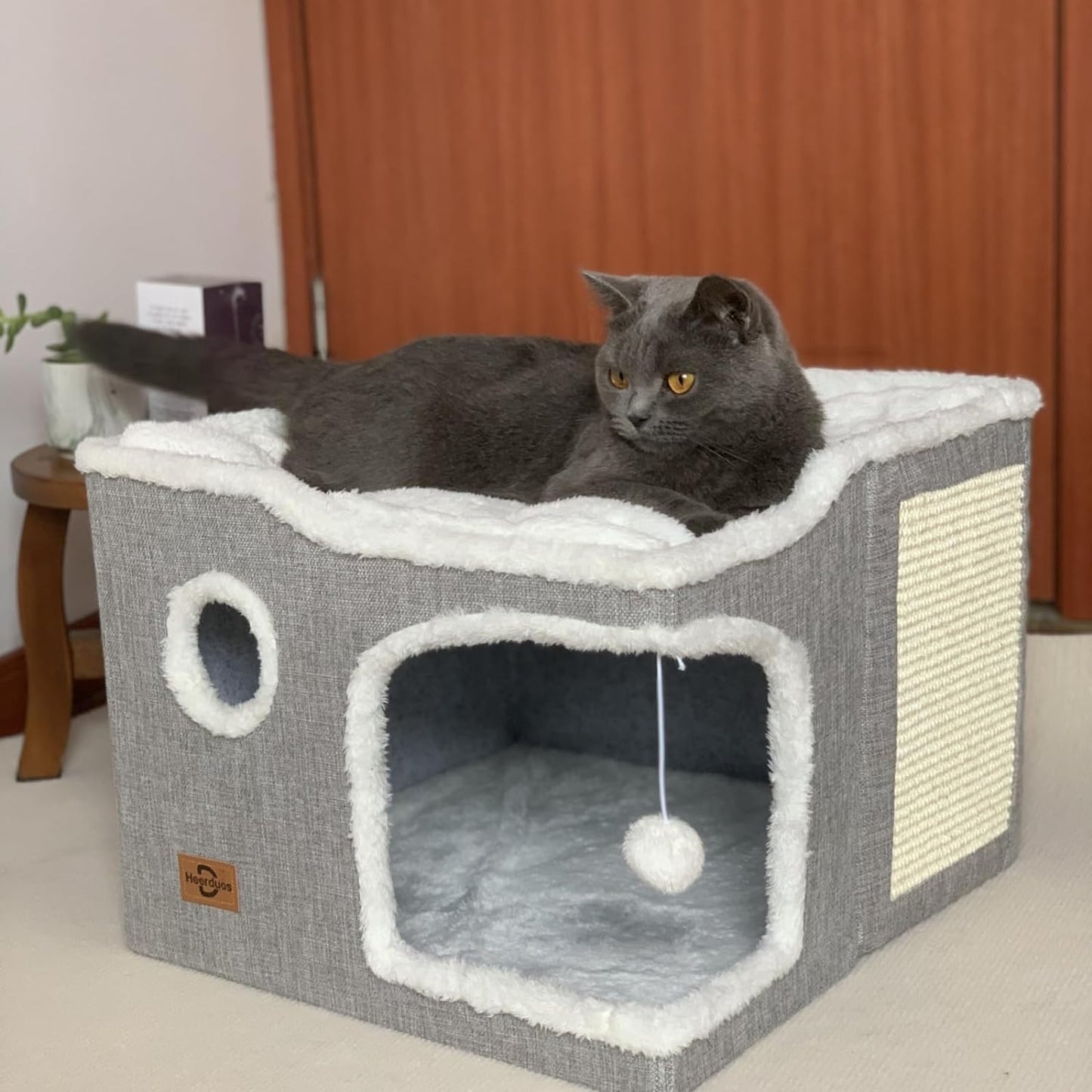Cat Bed for Indoor Cats,Covered Cat Cave House & Furniture with Scratch Pad,Foldable Cat Hideaway Hut Cute Cat Condo with Soft Washable Mat for Multi Small Pet Under 30 lbs,Light Grey - Pet Explorer