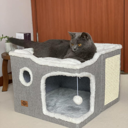 Cat Bed for Indoor Cats,Covered Cat Cave House & Furniture with Scratch Pad,Foldable Cat Hideaway Hut Cute Cat Condo with Soft Washable Mat for Multi Small Pet Under 30 lbs,Light Grey - Pet Explorer