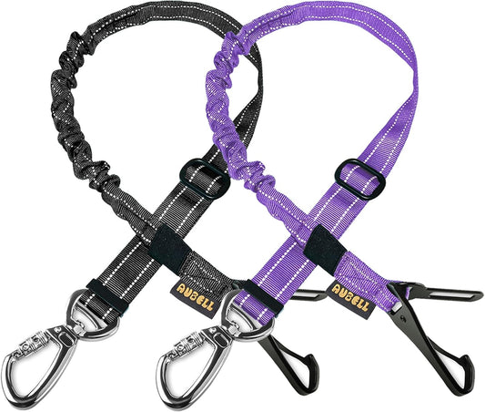 AUBELL Dog Seat Belt for Car,2 Pack Set 3-in-1 Adjustable Reflective Bungee Heavy Duty Dog Car Harness Tether with Clip Hook Latch & Buckle,Swivel Zinc Alloy Carabiner,Black+Purple - Pet Explorer