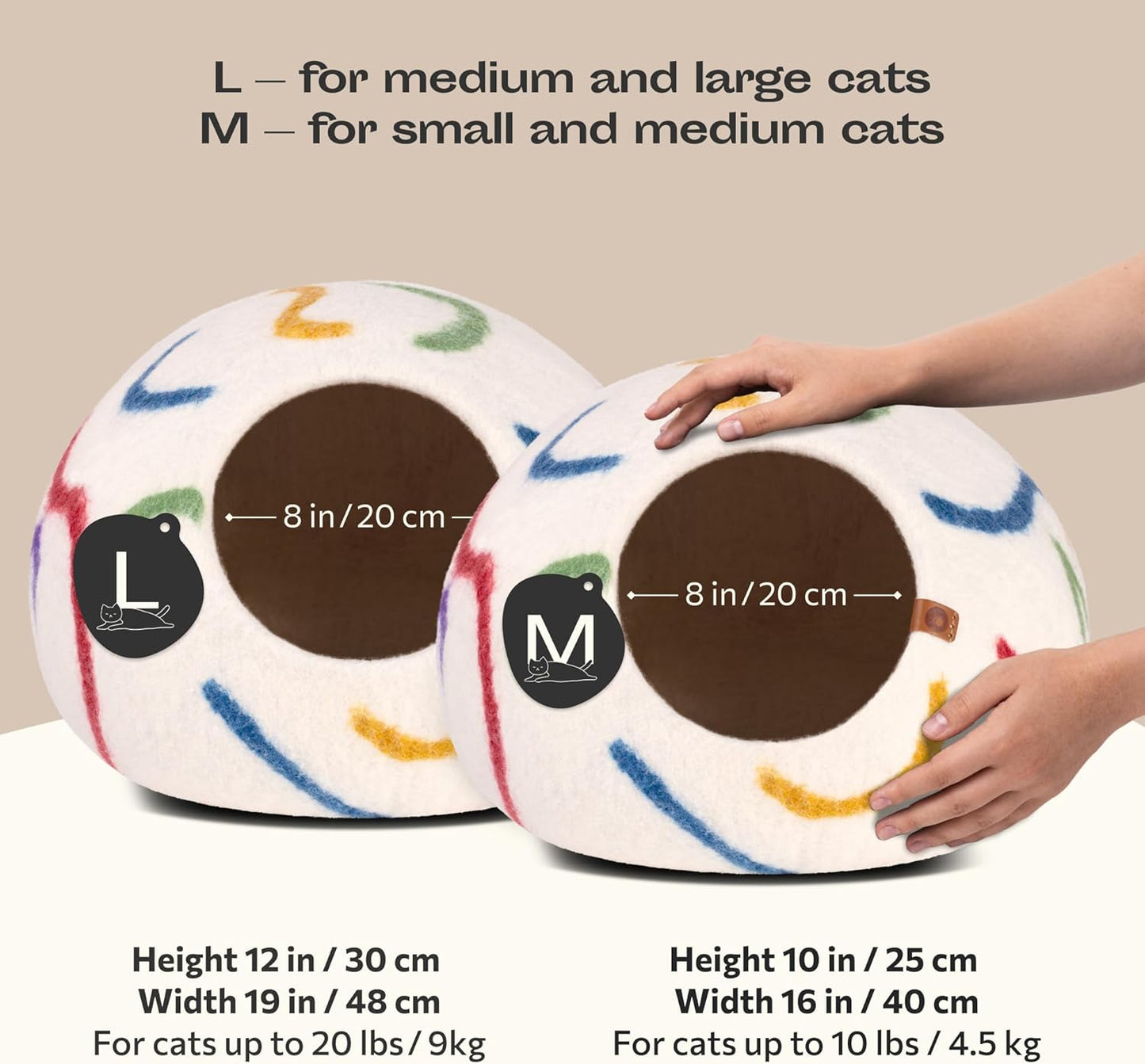 MEOWFIA Cat Cave – Premium Felt Cat Bed for Indoor Cats, Handmade 100% Merino Wool (Medium, Ivory Rainbow) - Pet Explorer