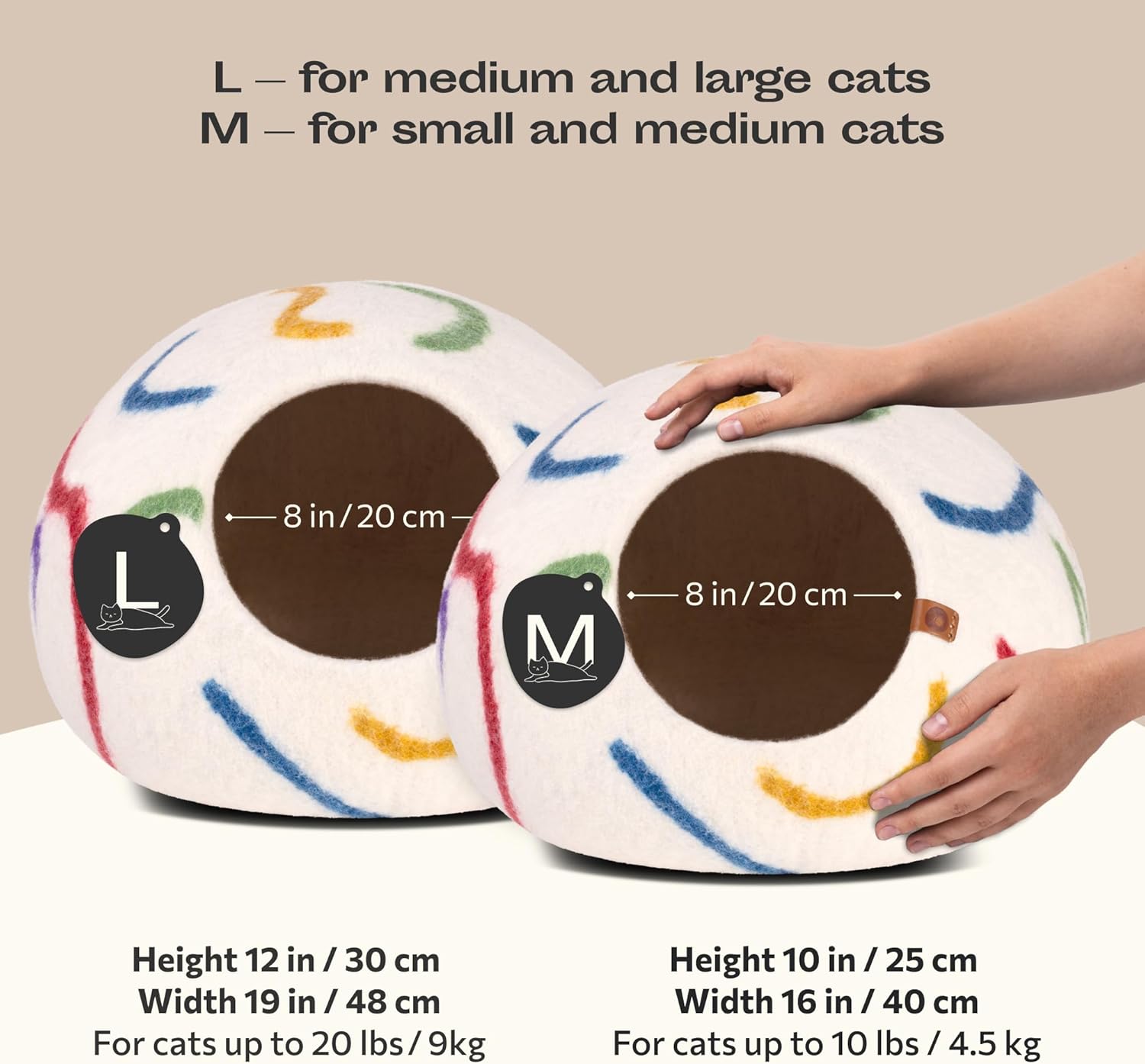 MEOWFIA Cat Cave – Premium Felt Cat Bed for Indoor Cats, Handmade 100% Merino Wool (Large, Ivory Rainbow) - Pet Explorer