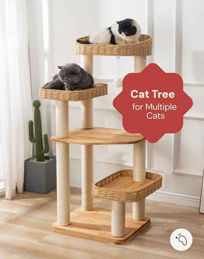 SHENGOCASE Modern Natural Wood Wooden Cat Tree Tower, 3 Large Rattan Wicker Basket Perch Beds with Cozy Cushion Sisal Scratching Post, Window View Design, for Cats up to 20 lbs