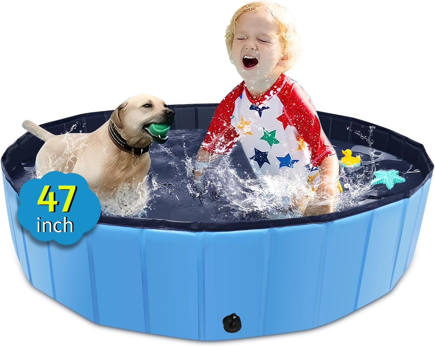 Foldable Dog Pool, 47" x 12" Kiddie Pool with Hard Plastic, Non-Slip Dog Bath Tub for Outdoor Backyard, Collapsible Dog Swimming Pool for Kids Dogs Pets (Blue) - Pet Explorer