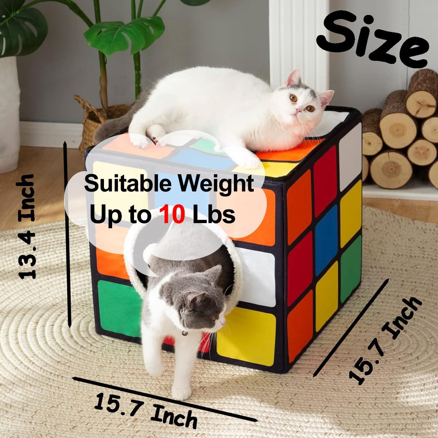 LUCKITTY Cat Condo House with Reversible Cushions and Fluffy Ball Hanging, Foldable Magic Cube, Large Cave Bed for Indoor Cats, Unique Puzzle Shape 15.7“ x 15.7" x 13.4” - Pet Explorer