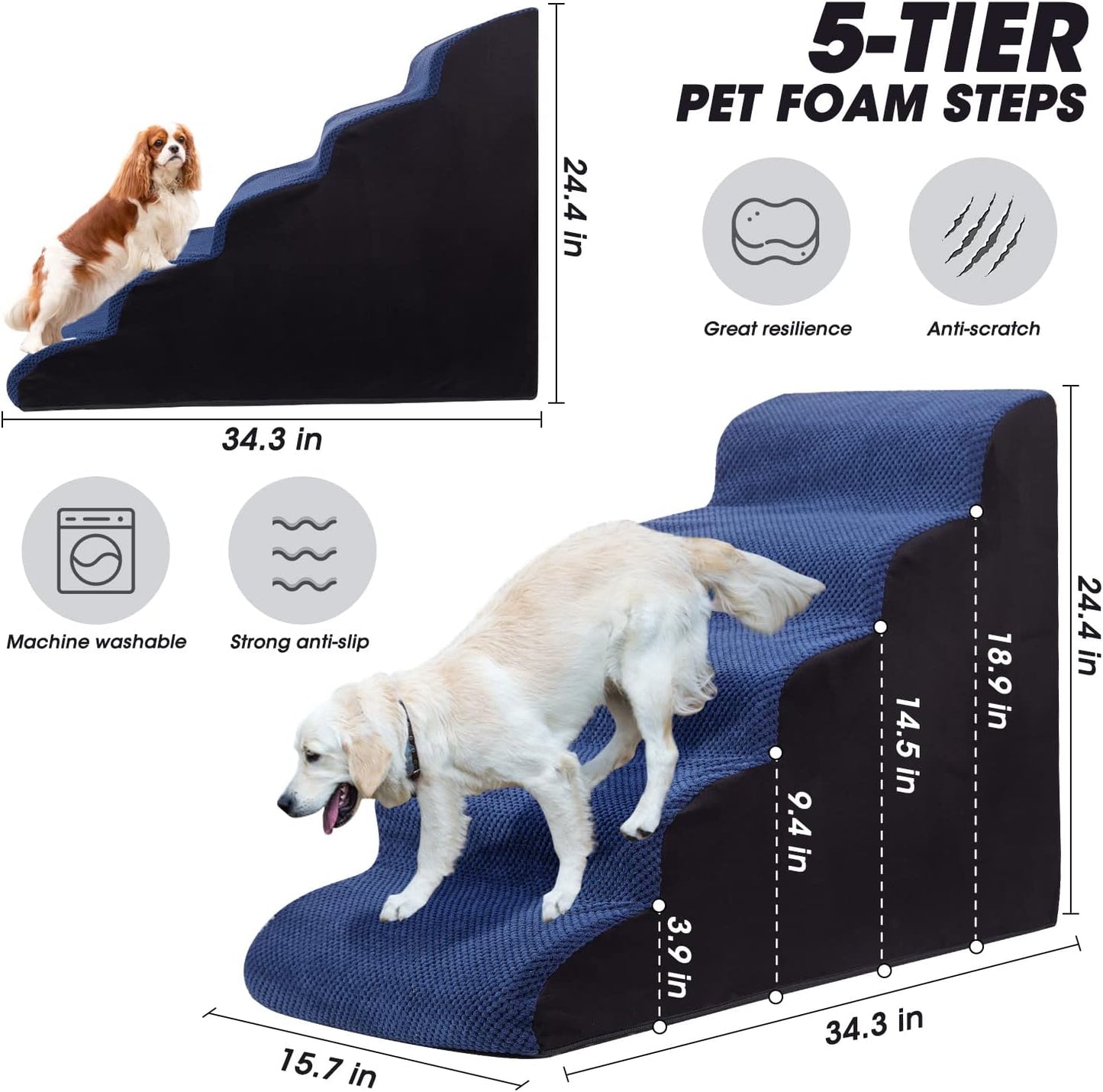 Dog Steps&Stairs for High Beds 24.4 inches High Up to 24-28 inches Bed, Tall Extra Wide Pet Stairs/Steps for High Bedsides,Non-Slip Dog Ramps for Small Older Dogs/Cats(Blue) - Pet Explorer