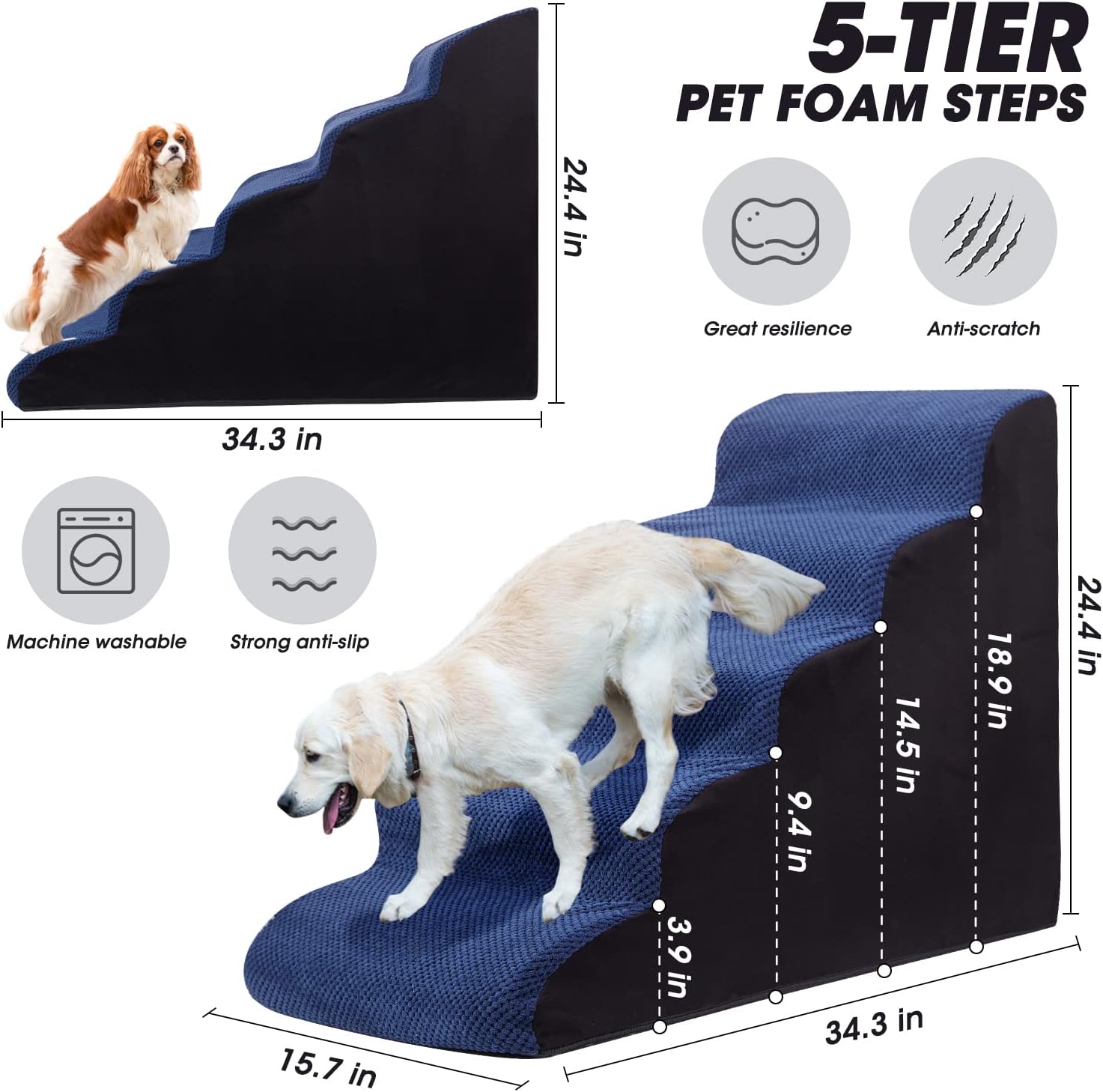 Dog Steps&Stairs for High Beds 24.4 inches High Up to 24-28 inches Bed, Tall Extra Wide Pet Stairs/Steps for High Bedsides,Non-Slip Dog Ramps for Small Older Dogs/Cats(Blue) - Pet Explorer