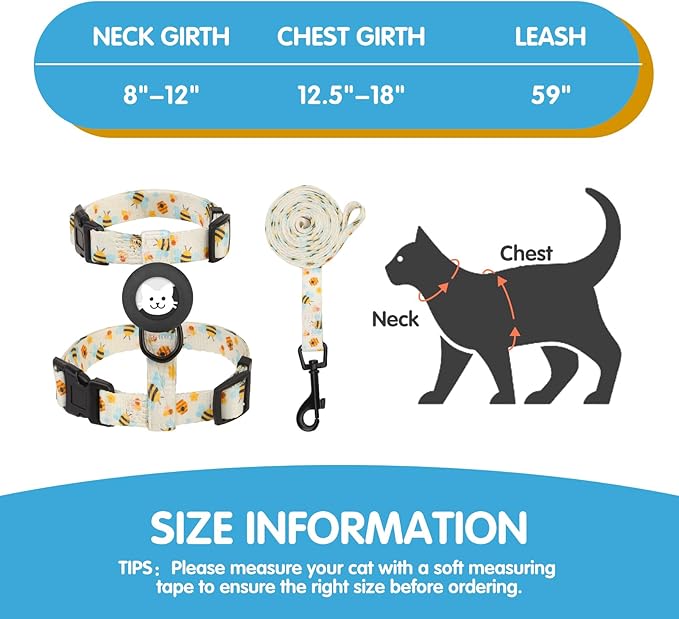 BINGPET Cat Harness with Airtag Holder, Cat Harness and Leash Set Escape Proof for Walking Travel Outdoor, Soft Adjustable Kitten Harnesses for Small Medium Large Cats, Cute Bee(Chest:12.5"-18")