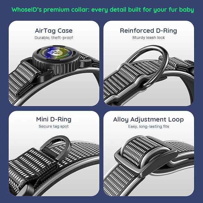 WhoseID Premium Dog Collar for Large Dogs - IPX8 Waterproof AirTag Dog Collar | Magnetic Buckle Heavy Duty Collar | 450LB Escape-Proof | Reflective Dog Collar with AirTag Holder