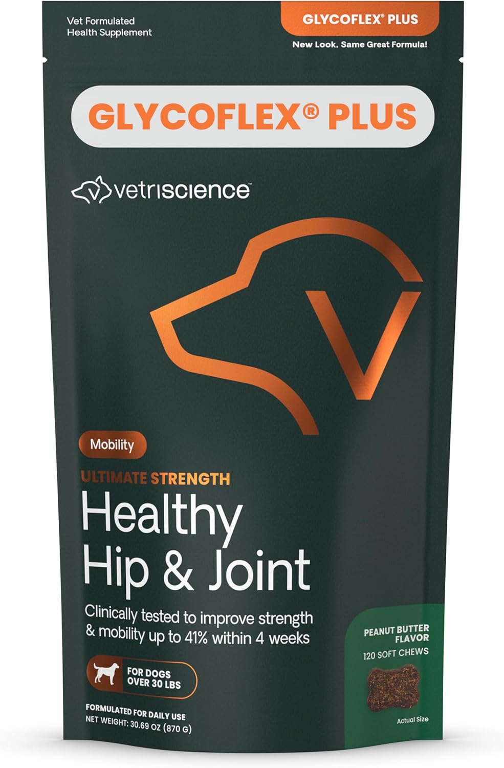 VetriScience Ultimate Strength Healthy Hip & Joint Chews, GlycoFlex Glucosamine, Chondroitin & Green-Lipped Mussel Joint Support Supplement for Dogs, Soothe Joint Discomfort, Peanut Butter, 120 Count - Pet Explorer