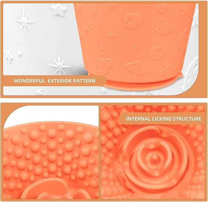 Dog Lick Bowl with Brush and Scraper, Anxiety Relief Silicone Slow Feeder Treat Dispenser, Anti-chocking Pet Dish, Non-Slip Interactive Entertainment Dog Puzzle Toy for Medium & Large-Light Orange