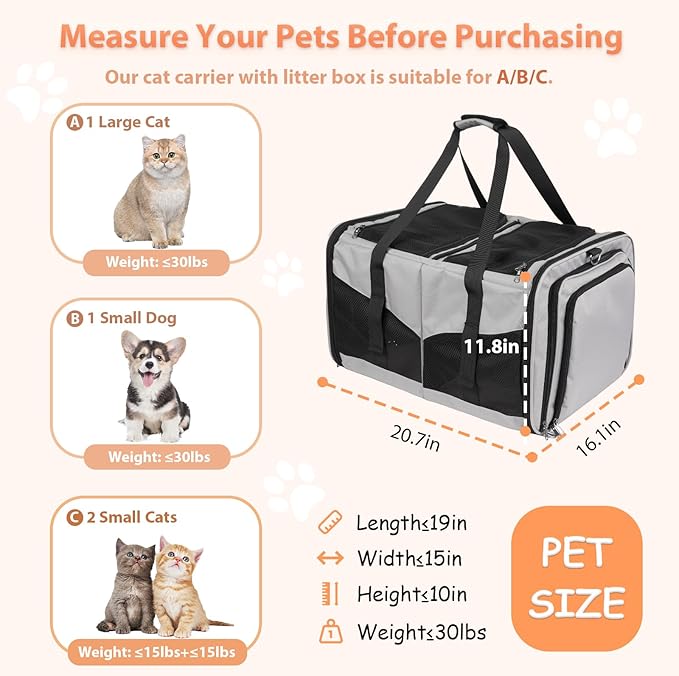 Large Cat Carrier for 2 Cats, Expandable Cat Carrier with Litter Box, Pet Carrier for Car Travel Built-in Removable Divider, Foldable Soft Cat Crate with Breathable Mesh with Breathable Mesh, Grey