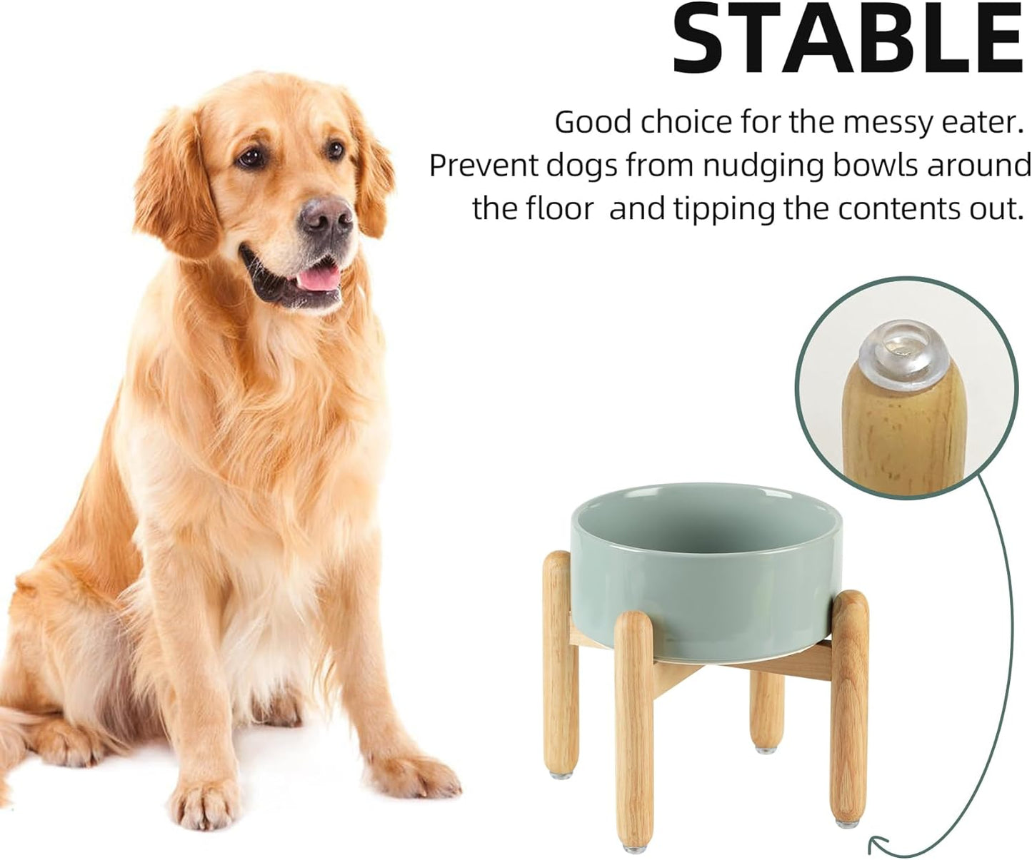 Ceramic 7.3inch Raised Dog Bowl Set, Elevated with Wooden Stand, Food and Water Bowl for Medium Breed Dogs, Weighted Dog Dishes, Pet Feeder(Light Green) - Pet Explorer