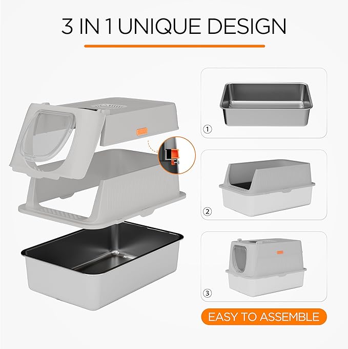 Citylife Stainless Steel Cat Litter Box with Lid, XL Extra Large Enclosed Removable Metal Litter Box with Litter Scoop&Double Layer Litter Mat, Non-Sticky, Non-Odor, Easy Cleaning, for Big Cats, Grey