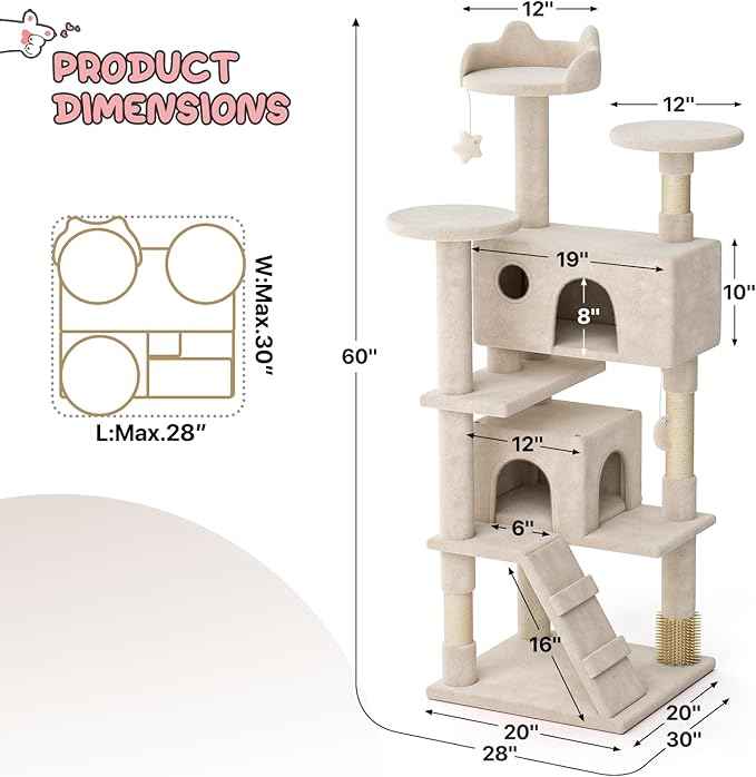 MoNiBloom 60 Inch Cat Tree Tower for Indoor Cats Large Adults, Cat Tower with Scratching Post, Multi-Level Furniture Activity Center with Cat Condo Pet Play House, Beige