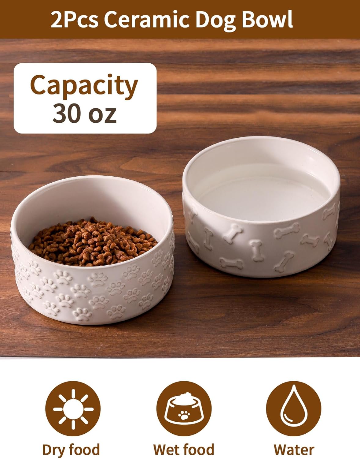 UBEE Ceramic Dog Bowl Set of 2, 6.1 inch Dog Food Bowl Dish with Bone Paw Pattern, Pet Food Water Dish Feeding for Small and Meidum Dogs and Large Cat, White - Pet Explorer