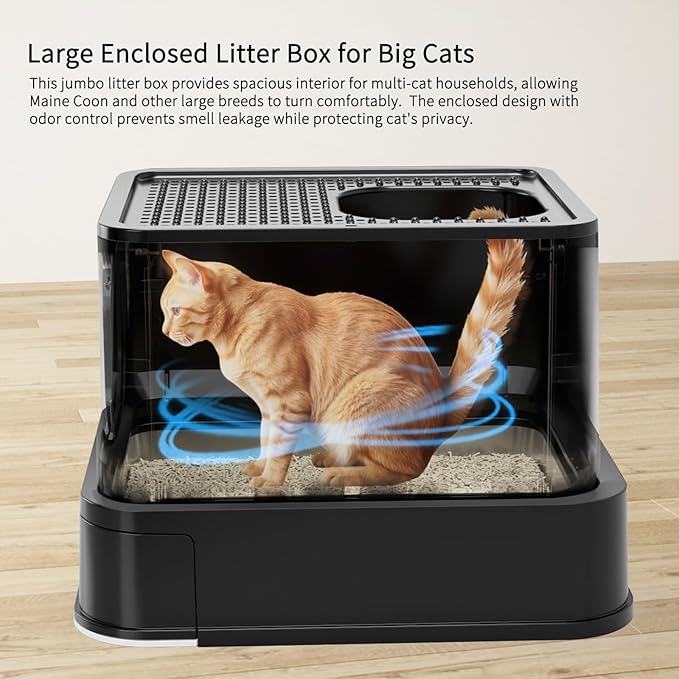 RIZZARI Stainless Steel Litter Box: Spacious Enclosed Design with Easy-Clean Drawer - Dual Entry with Top Exit and Door - Black Leak-Proof & Odor-Free Tray for Cats in Garage Basement