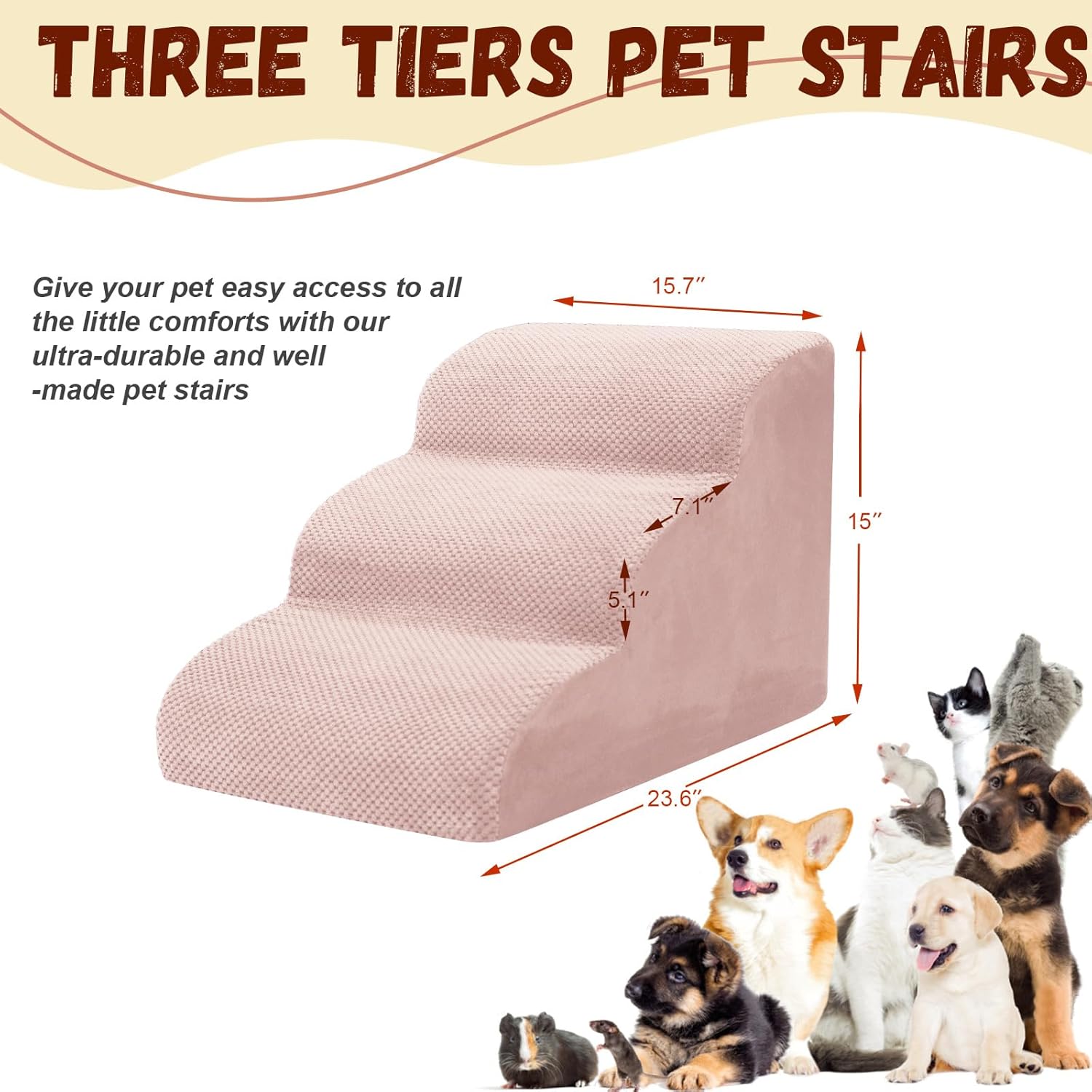 Dog Stairs for Small Dogs - High Density Foam Pet Steps, Extra Wide Dog Ramp with Non-Slip Bottom for High Beds, Couch and Sofa, Best for Dogs Injured, Older Doggy Cats,3 Steps, Pink - Pet Explorer