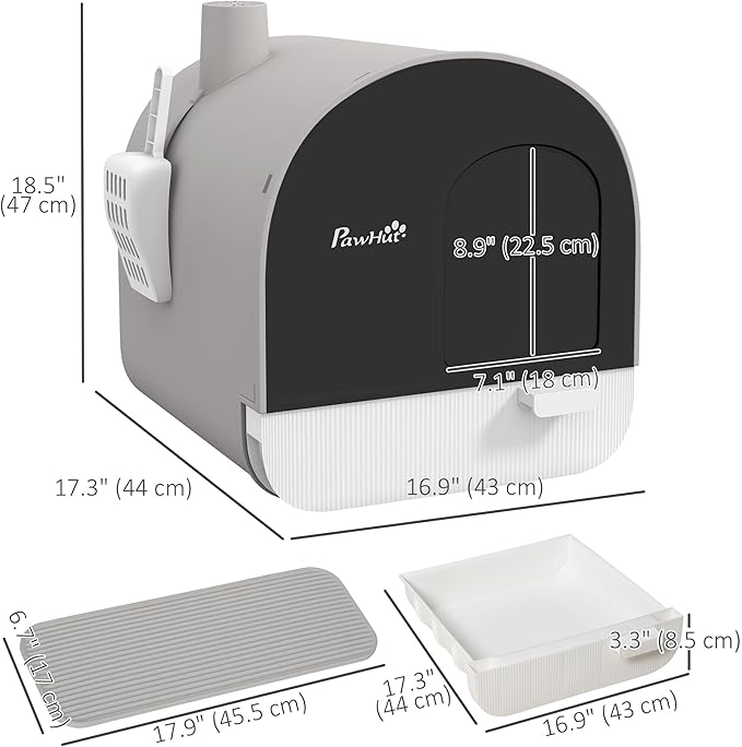 PawHut Cat Litter Box with Lid, Covered Litter Box for Indoor Cats with Tray, Scoop, Filter, 17" x 17" x 18.5", Light Gray