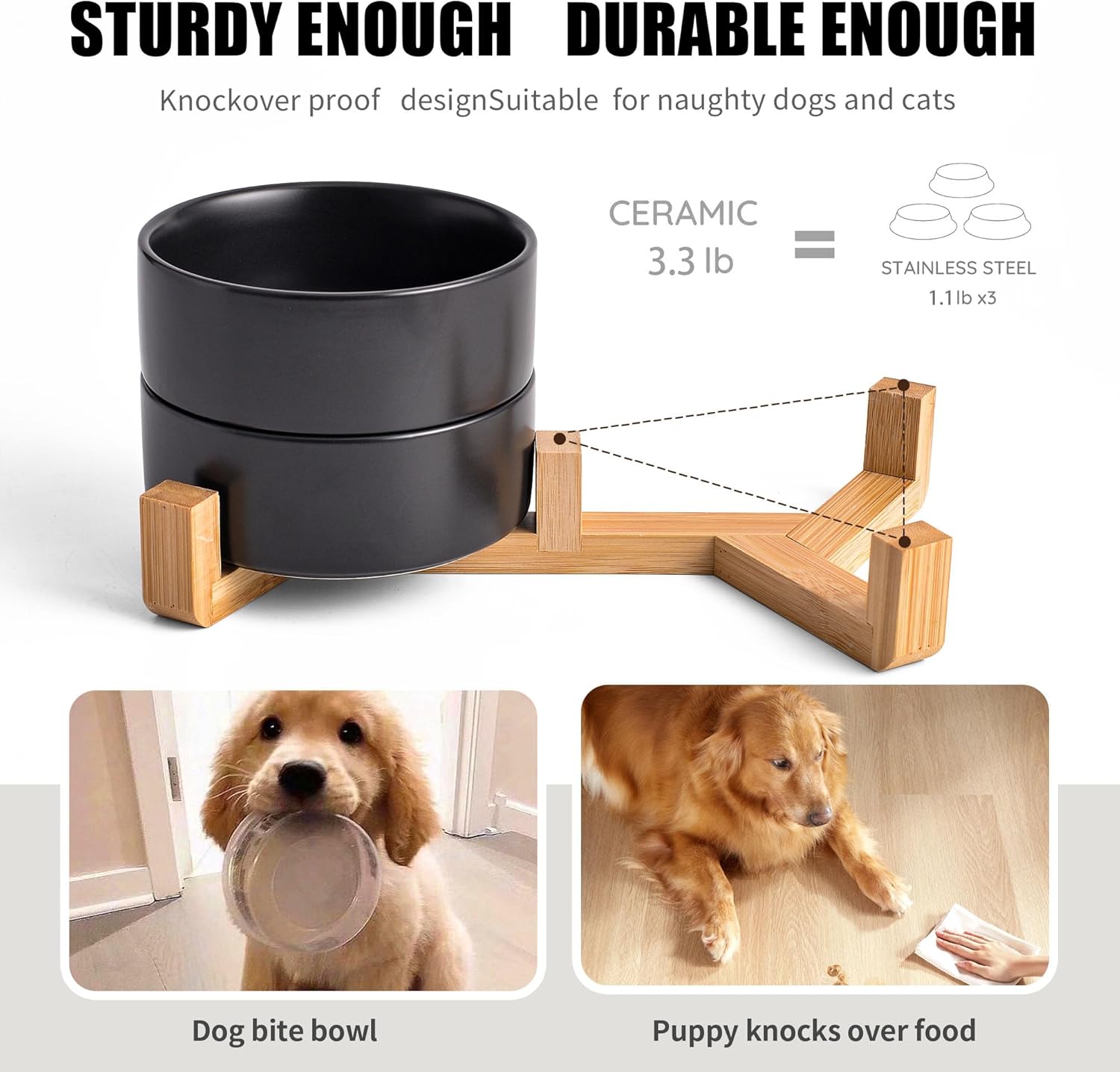 Black Ceramic Dog & Cat Bowl Set – 13.5 OZ with Wooden Stand, Non-Slip, Elevated Design for Small Dogs & Cats – 2 Bowls (Food & Water, Ceramic Pet Bowls, Modern Dog Bowls) - Pet Explorer