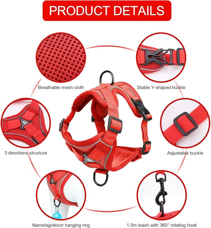 Cat Harness and Leash Set, Upgraded Escape Proof Adjustable Vest with Lead for Kitten Puppy Outdoor Walking, Soft Breathable Mesh Jacket with Reflective Strips for Dark Night (M, Fresh Red)