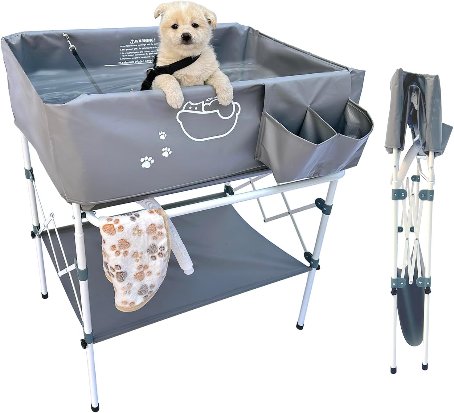 Elevated Dog Bathtub, Portable Dog Washing Station for Home with Towel Bar & Storage, Folding Pet Bath Tub for Small & Medium Dogs - Pet Explorer