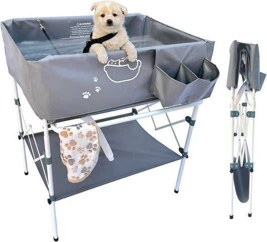 Elevated Dog Bathtub, Portable Dog Washing Station for Home with Towel Bar & Storage, Folding Pet Bath Tub for Small & Medium Dogs - Pet Explorer