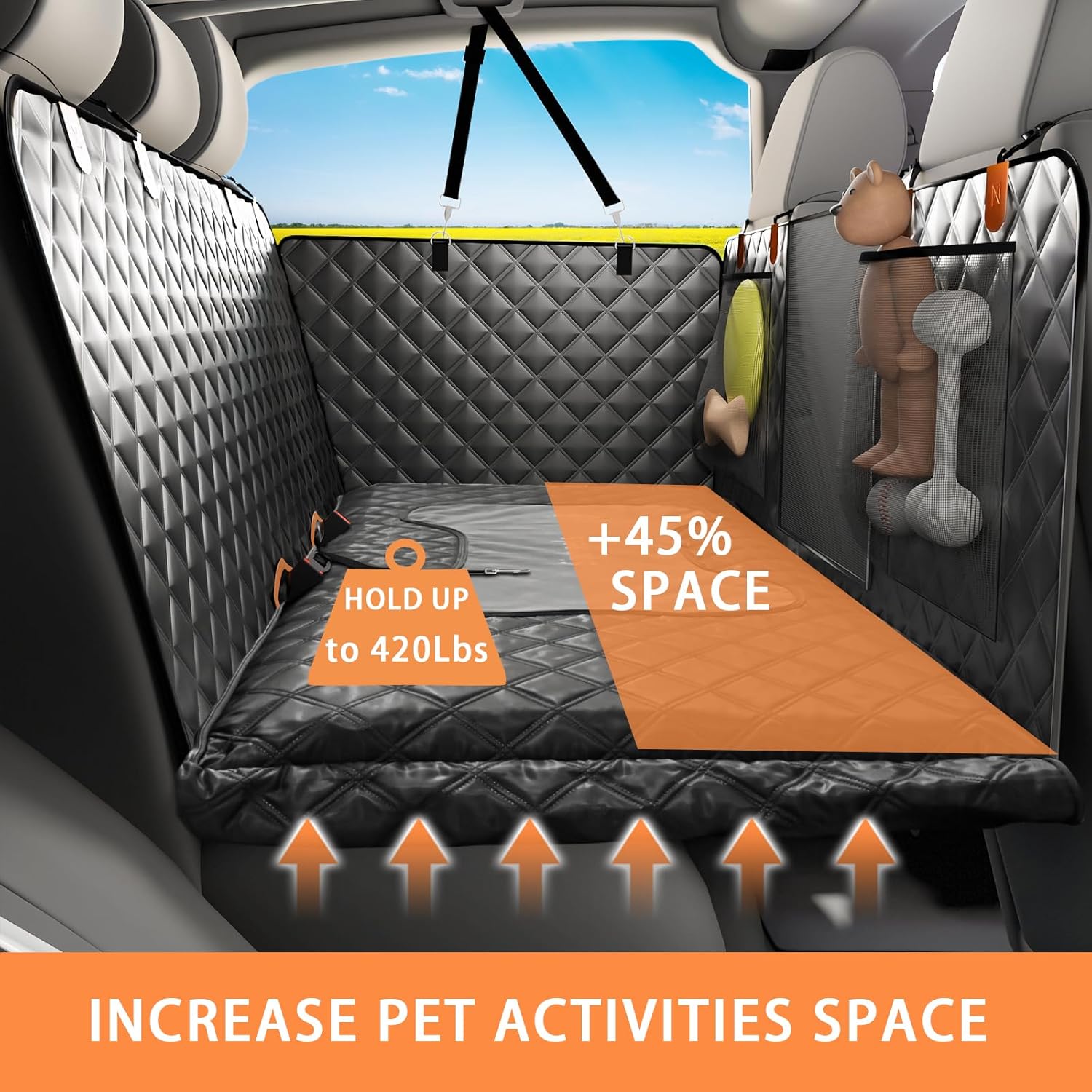 Truck Dog Seat Cover Back Seat Protector, Large Space Backseat Extender with Soft Inflatable Cushion Comfortable Dog Hammock, Waterproof Dogs Bed Rear Travel Accessories for Truck - Pet Explorer