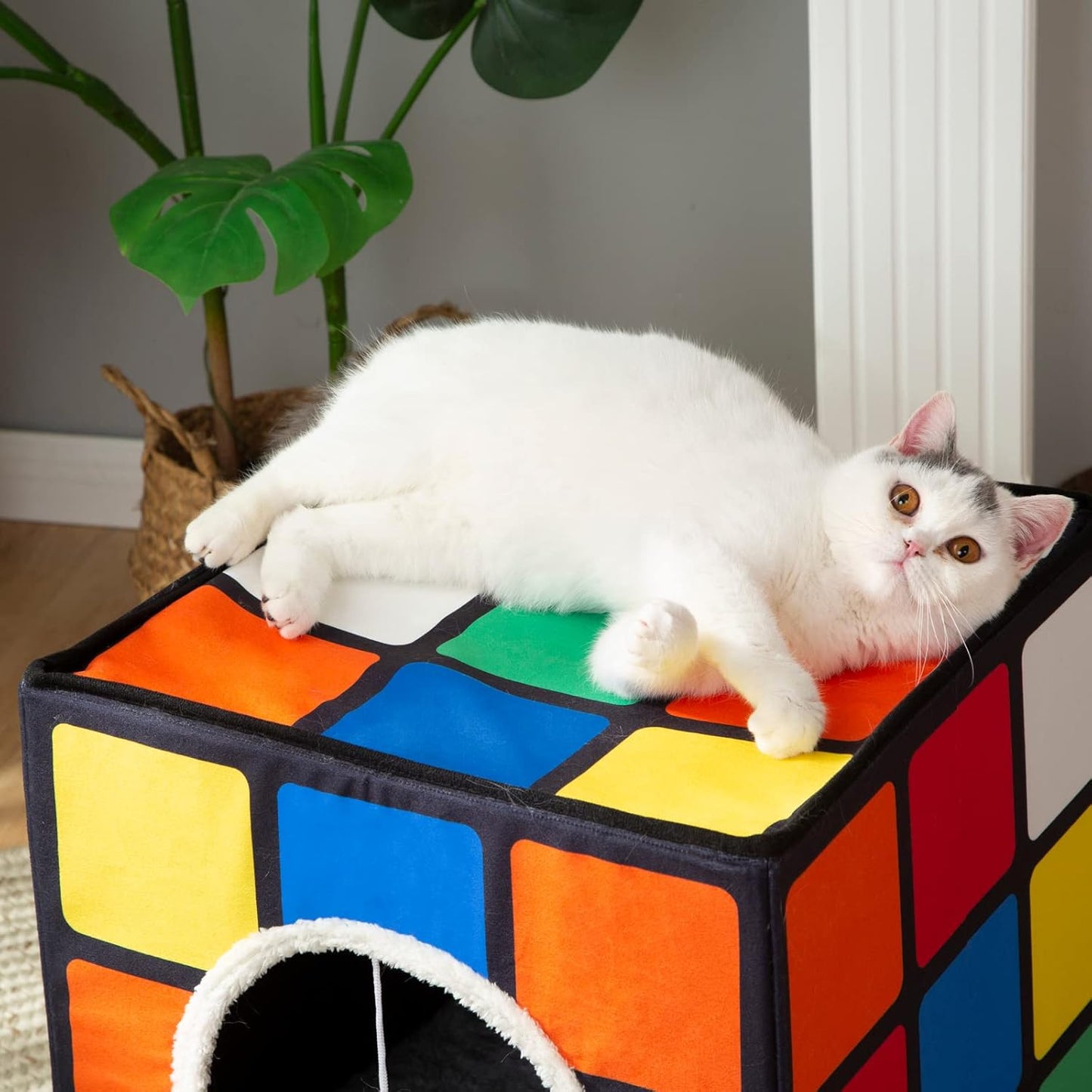 LUCKITTY Cat Condo House with Reversible Cushions and Fluffy Ball Hanging, Foldable Magic Cube, Large Cave Bed for Indoor Cats, Unique Puzzle Shape Lagre 16.5“ x 16.5" x 16.5” - Pet Explorer