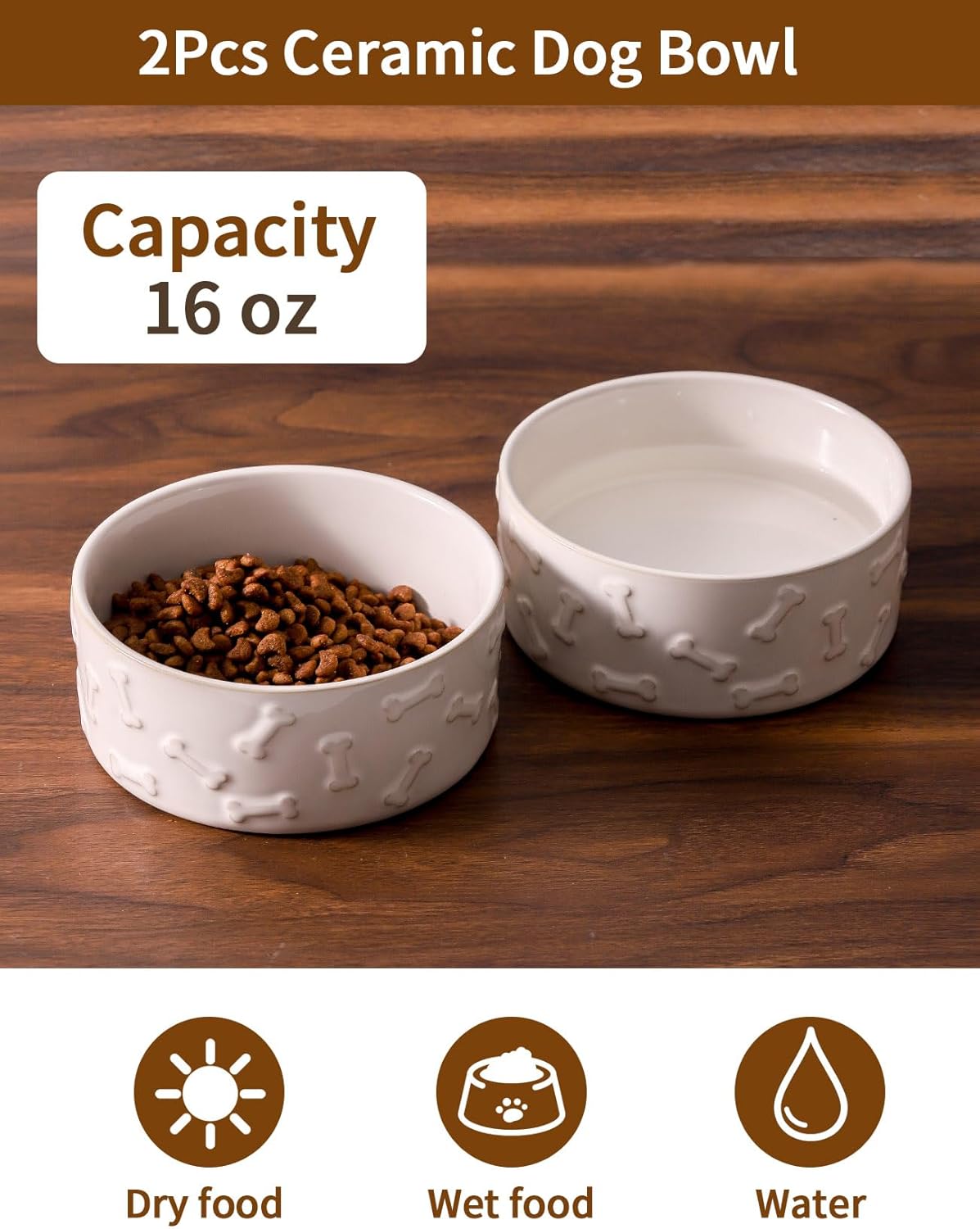 UBEE Ceramic Dog Bowl Set of 2, 5.1 inch Dog Food Bowl with Bone Pattern, Pet Food Water Dish Feeding for Small Dogs and Large Cat, White - Pet Explorer