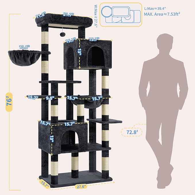 Heybly Cat Tree, 76-Inch Tall Heavy Duty Cat Tower for Big Cats with Extra Wide Baseboard, Multi-Level Large Cat Furniture with 2 Condos & 2 Hammocks, 10 Scratching Posts, Smoky Gray HCT039G