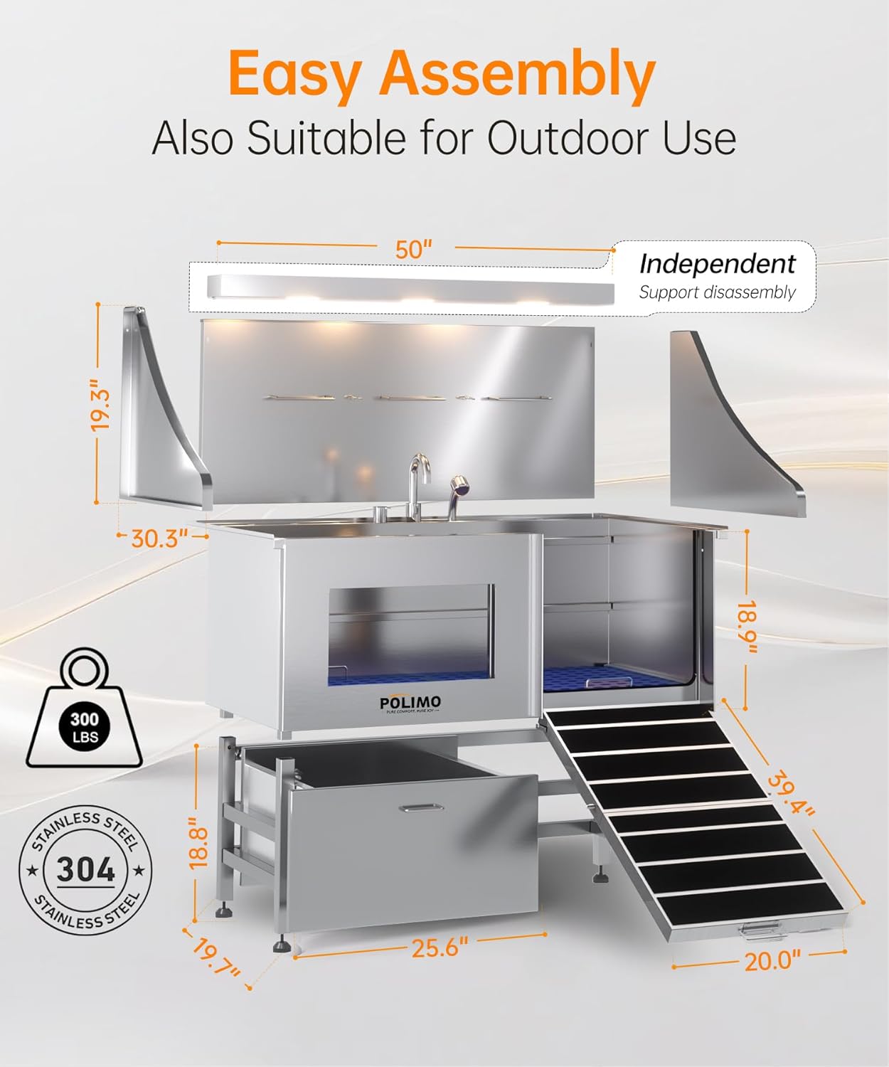 POLIMO Dog Washing Station, LED Professional Stainless Steel Dog Bathing Station 50", Dog Grooming Tub for Large, Medium & Small Dog - with Window, Ramp, Drawer, Floor Grate & Faucet (Right RAMP, 50") - Pet Explorer