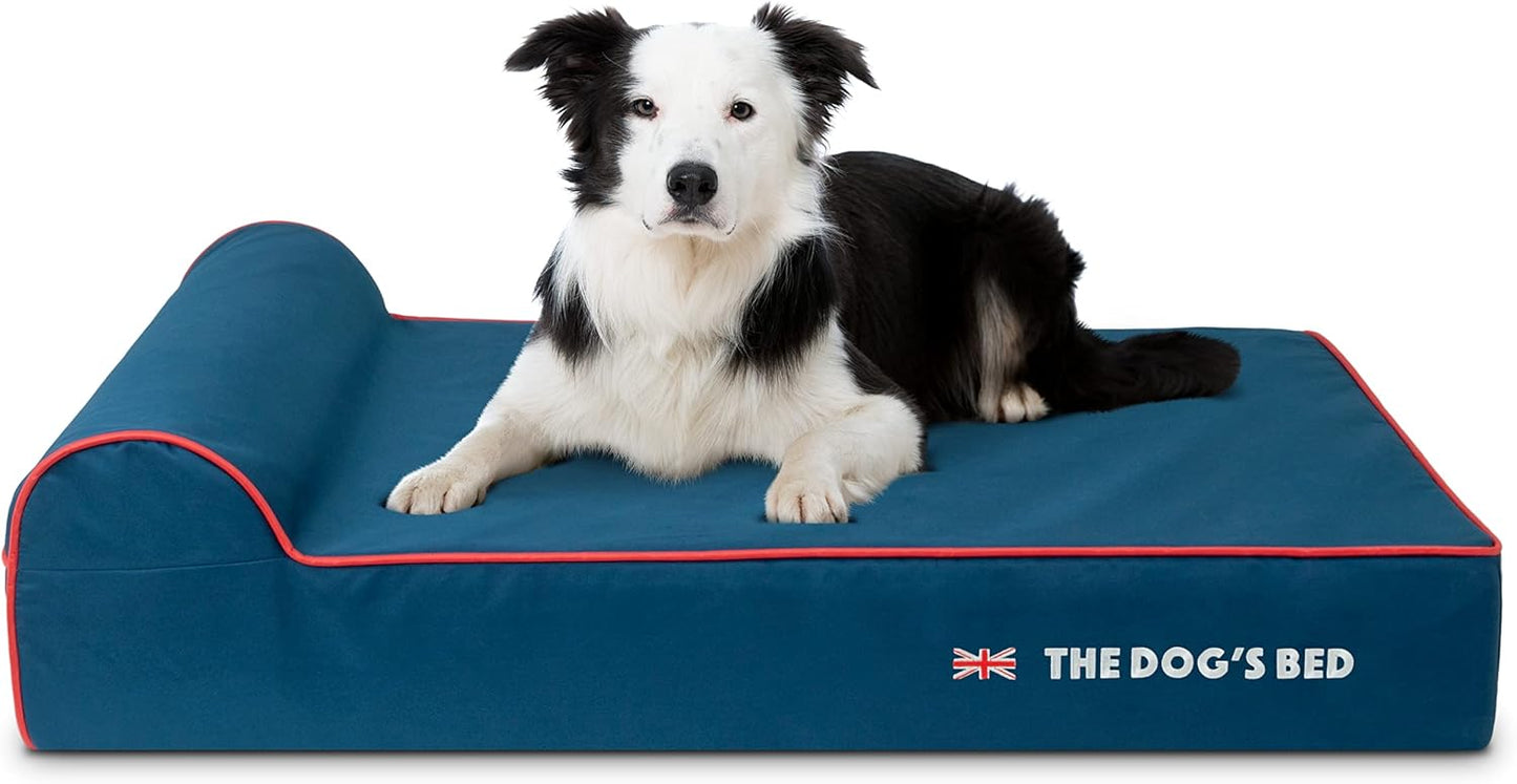 The Dog’s Bed Orthopedic Headrest Dog Bed Large Blue Oxford with Red Trim UK Flag Dog Bed 40x25, Memory Foam, Hip & Elbow Dysplasia, Post Surgery Veterinary Approved, Waterproof Washable Cover - Pet Explorer