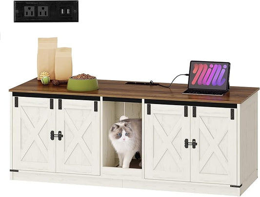 Cat Litter Box Enclosure for 2 Cats, Hidden Litter Box Furniture Cabinet with Double Room, Indoor Cats House with USB Ports & Power Outlets, Farmhouse Style, Rustic Brown and White CB82514XV1