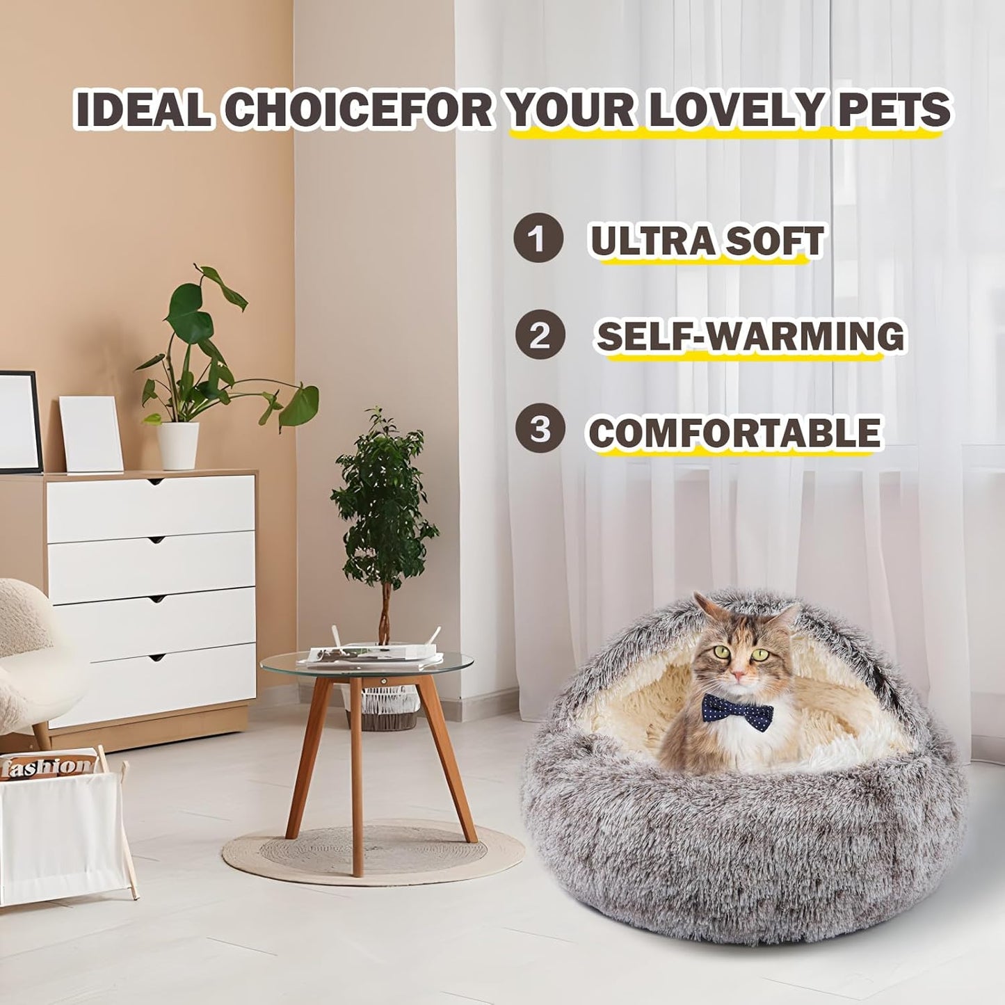 Cat Bed for Indoor Cats, Calming Cozy Cave with Self-Warming Plush, Entire Bed Machine Washable & Anti-Slip Base, Breathable Pet Bed for Small Cats&Dogs All Seasons (Khaki, 24 * 24inch) - Pet Explorer