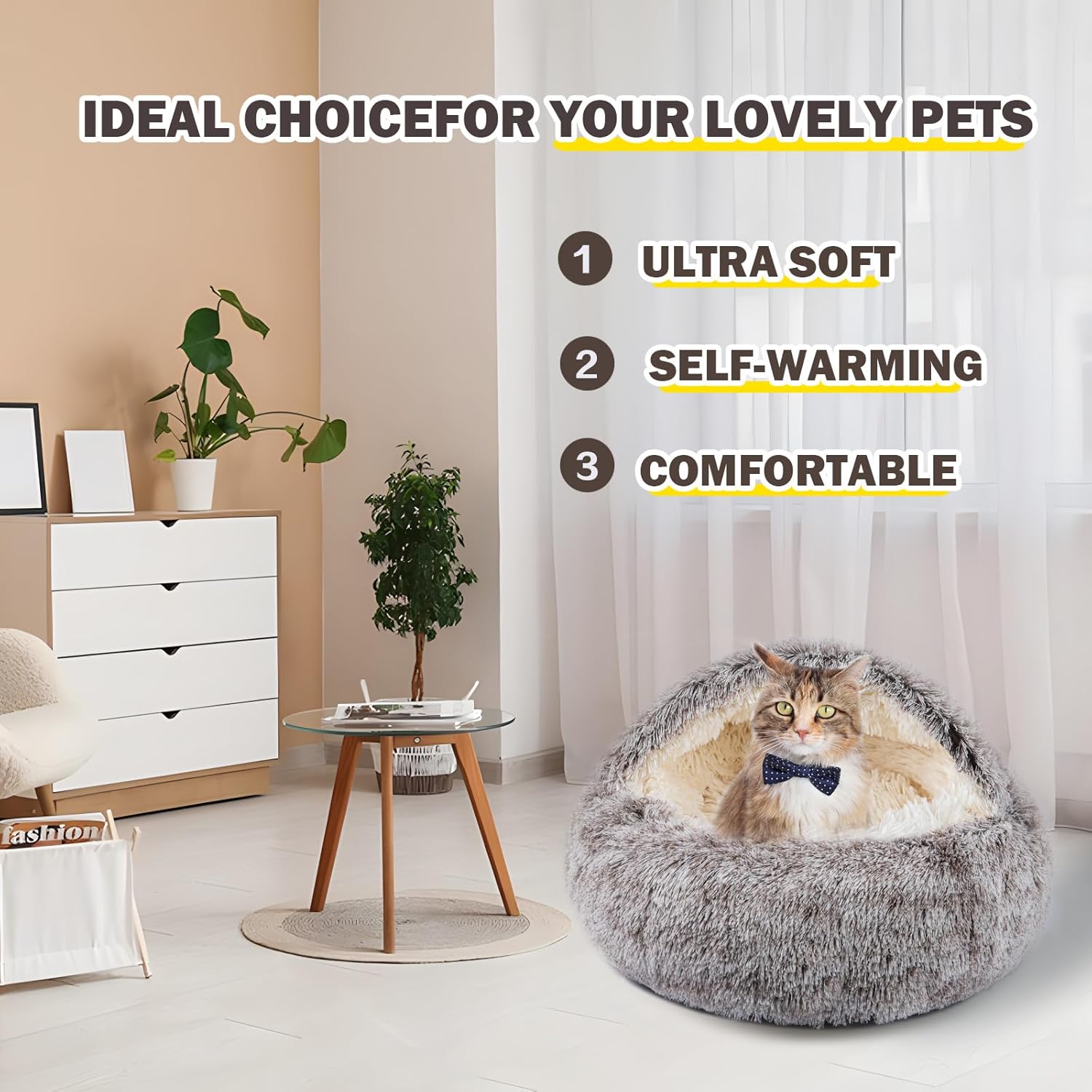Cat Bed for Indoor Cats, Calming Cozy Cave with Self-Warming Plush, Entire Bed Machine Washable & Anti-Slip Base, Breathable Pet Bed for Small Cats&Dogs All Seasons (Khaki, 20 * 20inch) - Pet Explorer