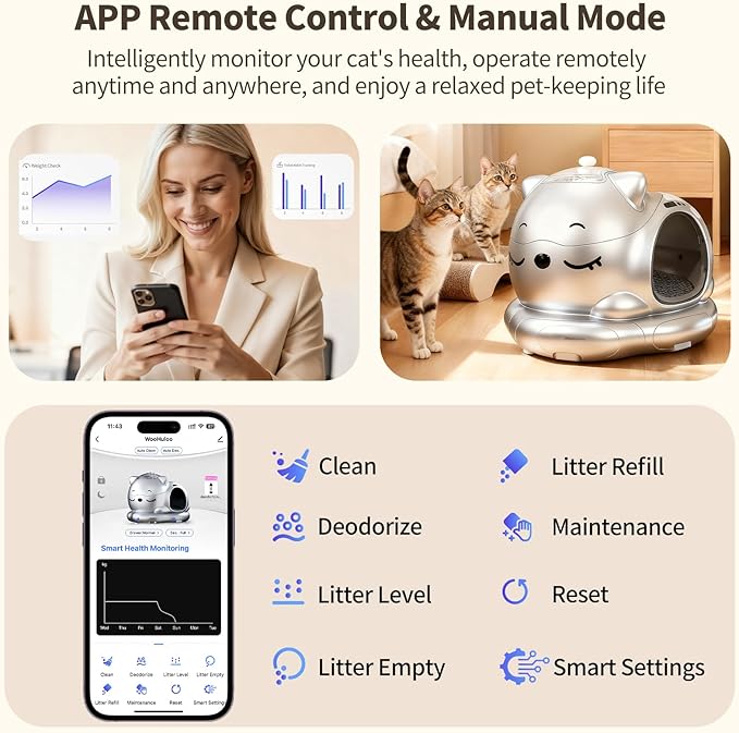 Automatic Cat Litter Box, Semi-Open Large Capacity with Triple Odor Removal System, App Control and Health Monitor, Safety Sensor, Cute Self Cleaning Litter Box for Multiple Cats (Silvery)