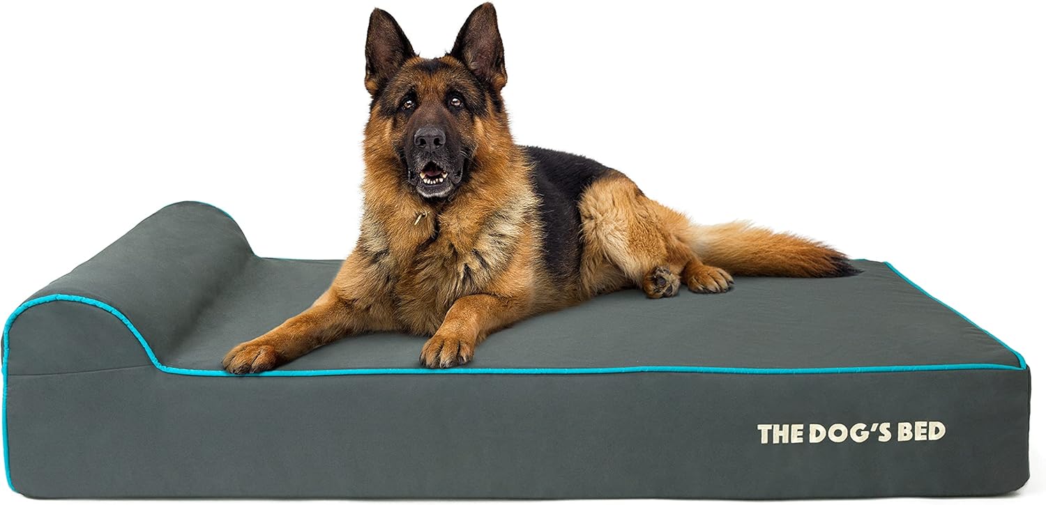 The Dog’s Bed Orthopedic Headrest Dog Bed XL Grey/Blue 46x25, Memory Foam, Pain Relief for Arthritis, Hip & Elbow Dysplasia, Post Surgery, Lameness, Veterinary Approved, Waterproof Washable Cover - Pet Explorer